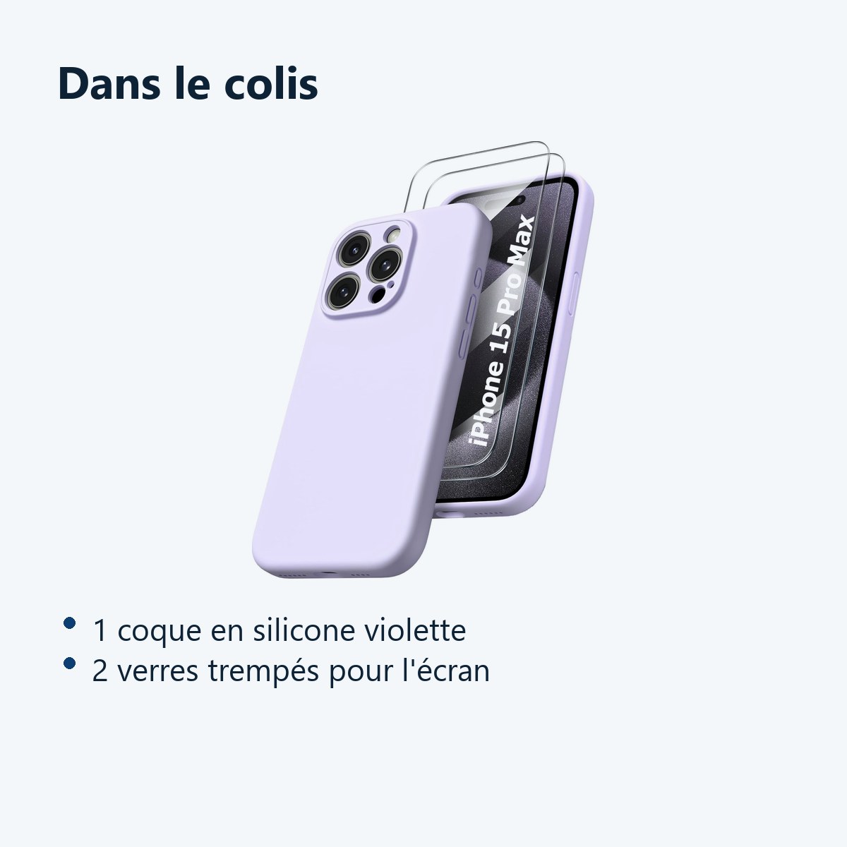 Contenu du colis – Coque Silicone Violet + 2 Verres Trempes Pour iPhone 15 Pro Max