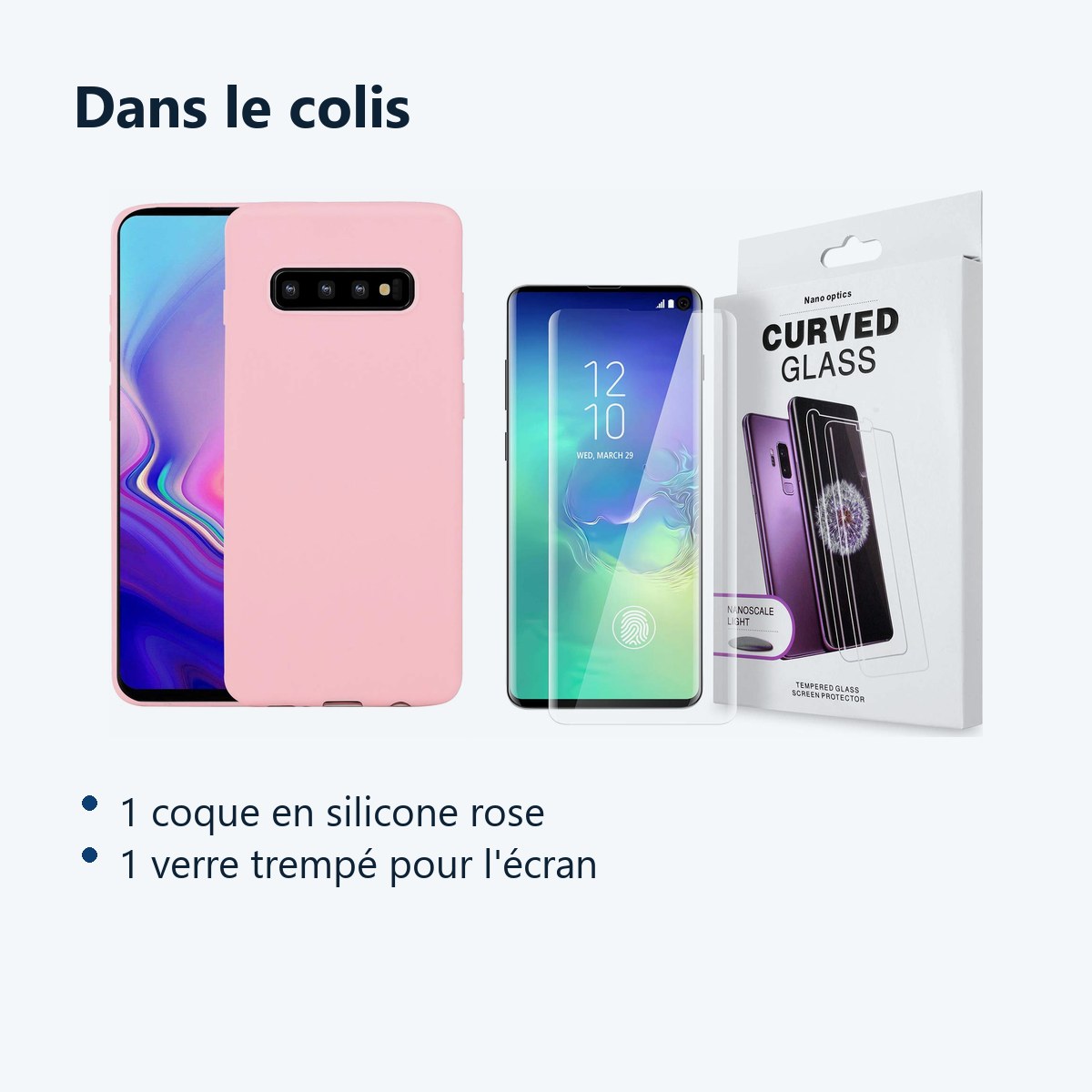 Contenu du colis – Coque Souple Silicone Pour Samsung Galaxy S10 Plus Rose + Verre Trempé Anti chocs et Rayures Vitre de Prot