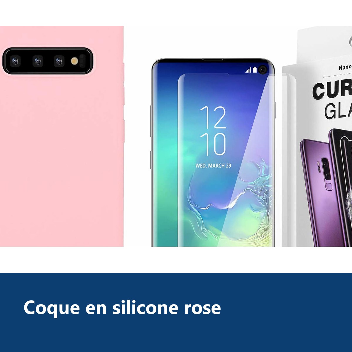 Vue de détail – Coque Souple Silicone Pour Samsung Galaxy S10 Plus Rose + Verre Trempé Anti chocs et Rayures Vitre de Protect