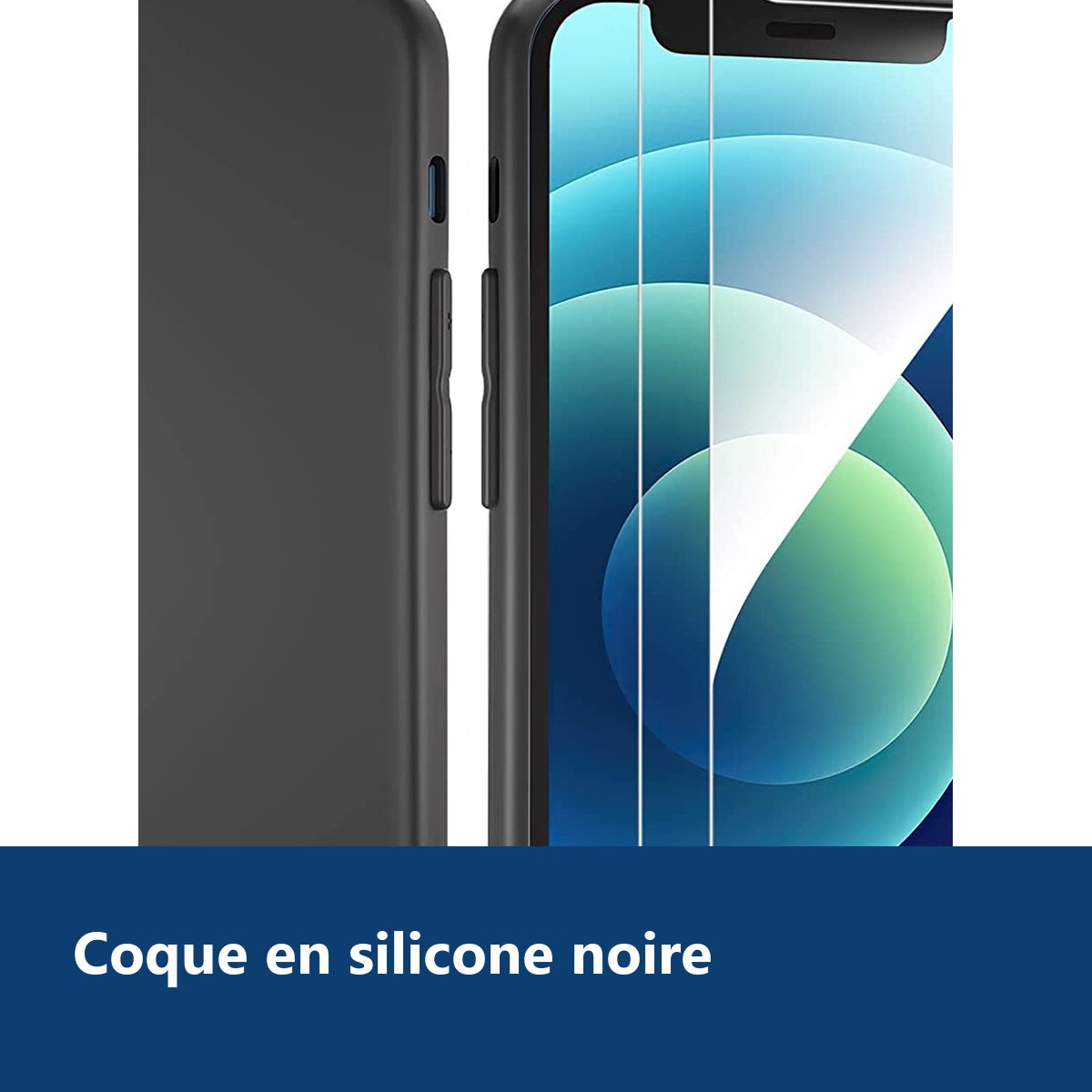 Vue de détail – Coque Silicone Noire Pour iPhone 12 / iPhone 12 Pro + 2 Verres Trempes