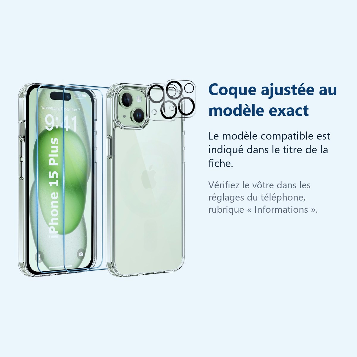 Accessoire ajusté au modèle exact – Coque Silicone Transparente + Verres Trempes et Protections Camera Arriere X2 Pour iPhone