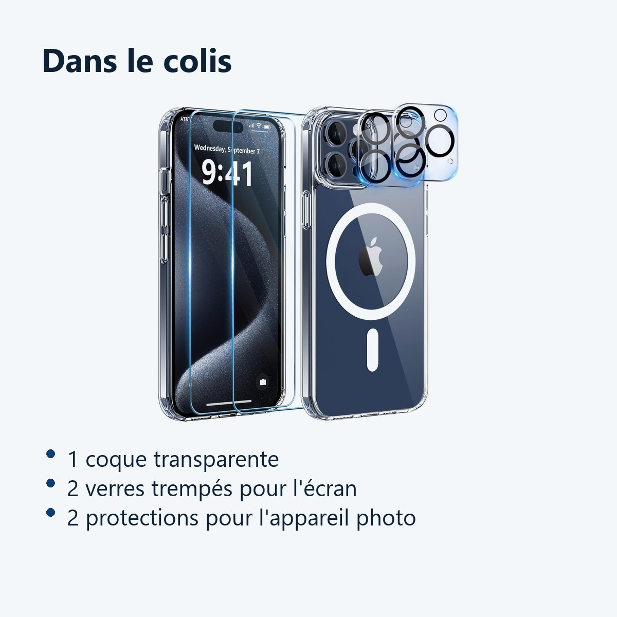 Contenu du colis – Coque Silicone Transparente Compatible Magsafe + Verres Trempes et Protections Camera Arriere X2 Pour iPho