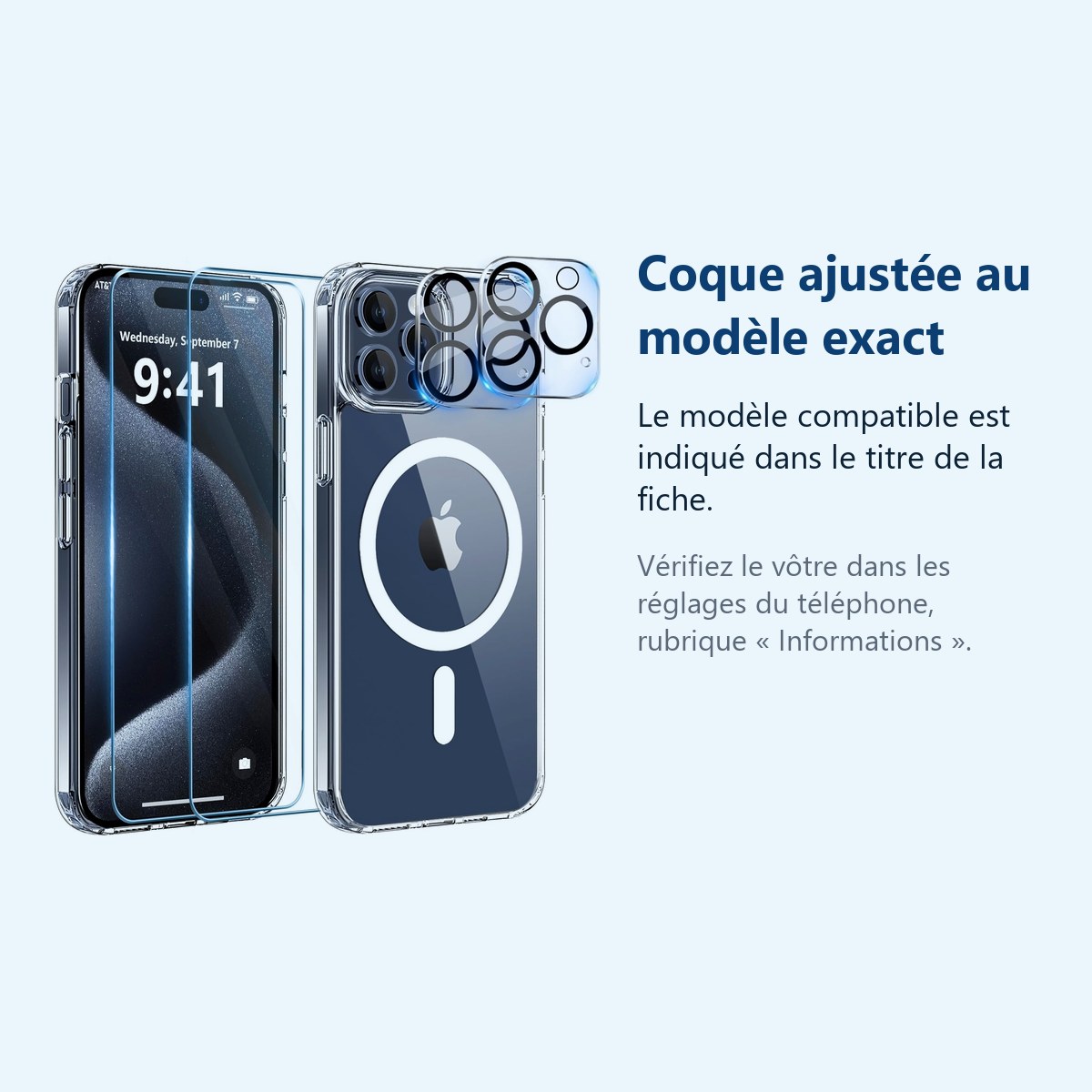 Accessoire ajusté au modèle exact – Coque Silicone Transparente Compatible Magsafe + Verres Trempes et Protections Camera Arr