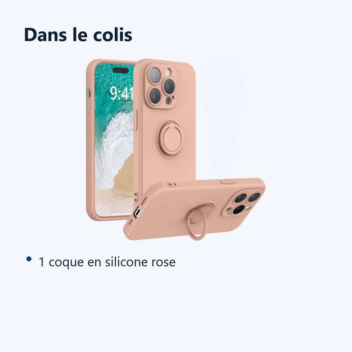 Contenu du colis – Coque Silicone Pour iPhone 14 Pro Max Couleur Rose Avec Anneau Support