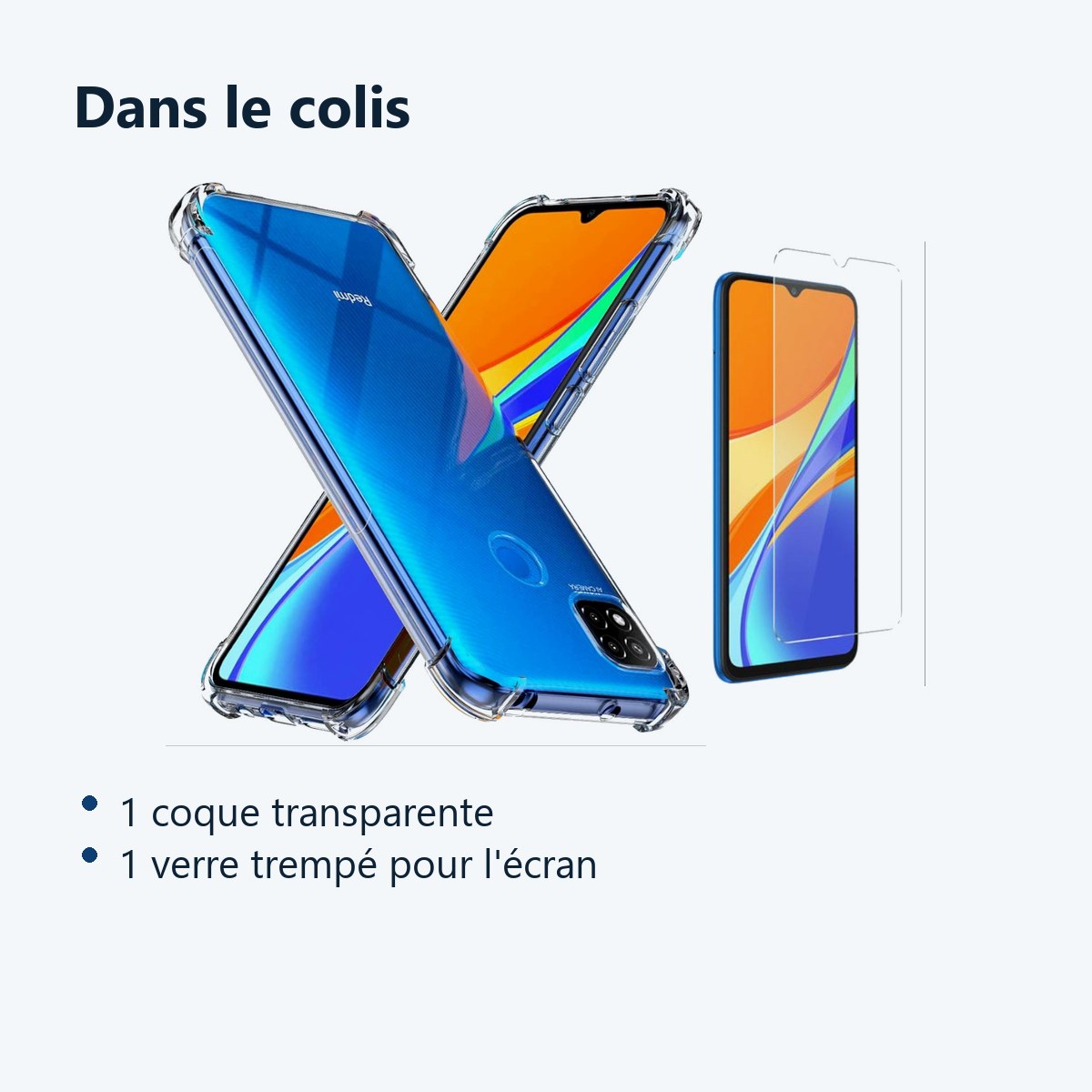 Contenu du colis – Coque Silicone Transparente Angles Renforces + Verre Trempe Pour Xiaomi Redmi 9C / 9C NFC