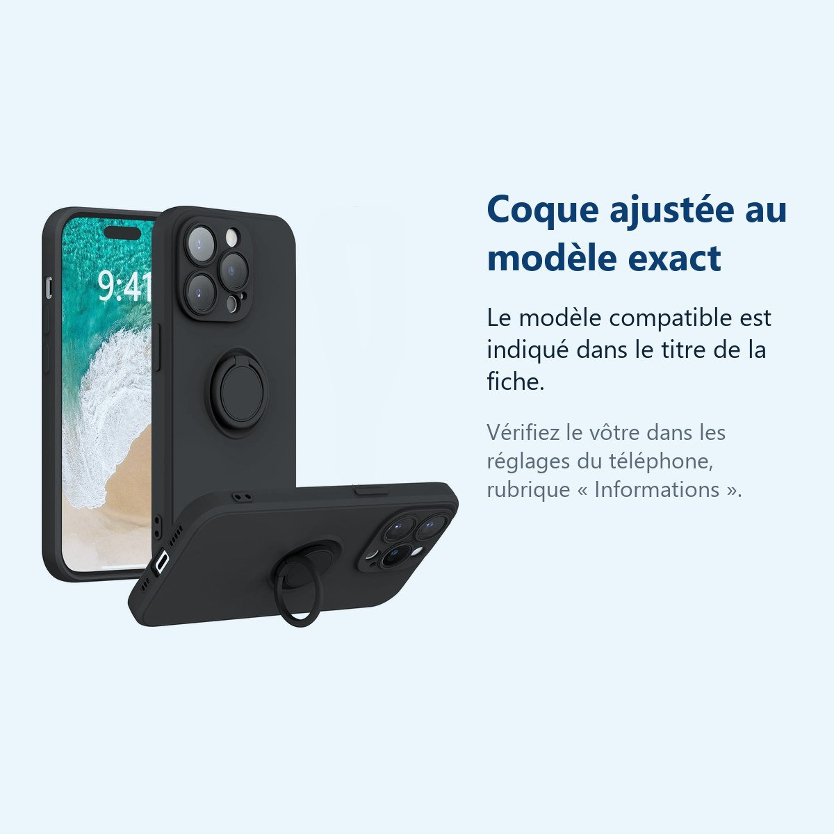 Accessoire ajusté au modèle exact – Coque Silicone Pour iPhone 14 Pro Couleur Noir Avec Anneau Support