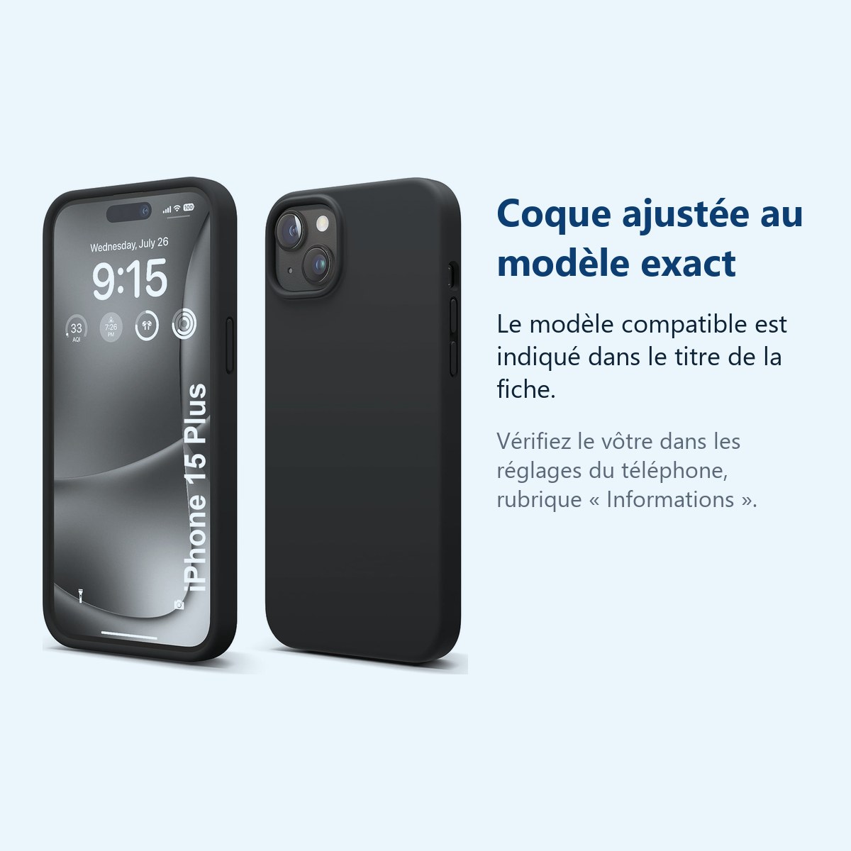 Accessoire ajusté au modèle exact – Coque Silicone Noir Pour iPhone 15 Plus