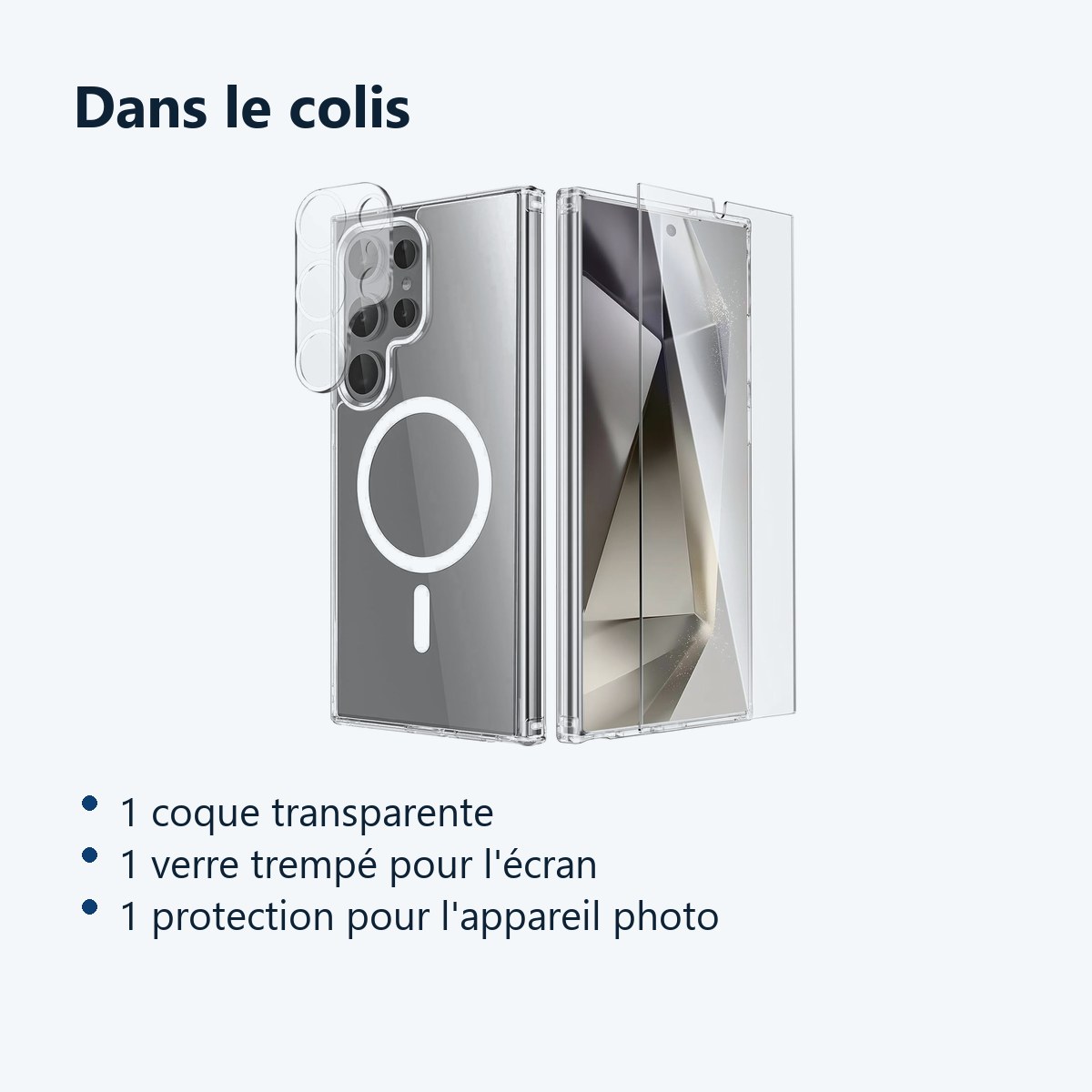 Contenu du colis – Coque Silicone Transparente Compatible Magsafe + Verre Trempes et Protection Camera Arriere Transparent Po