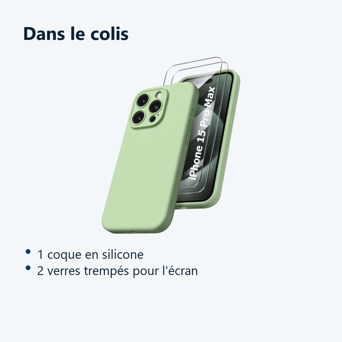 Contenu du colis – Coque Silicone Verte + 2 Verres Trempes Pour iPhone 15 Pro Max