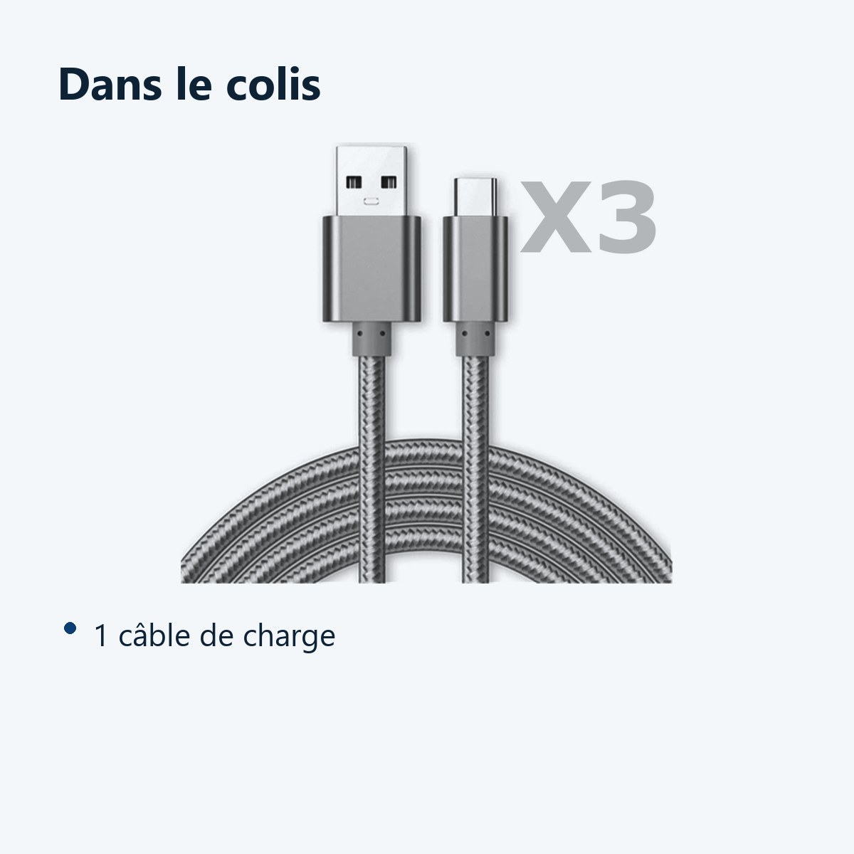 Contenu du colis – Cable Type-C Nylon Renforce Longeur 2M Couleur Argent X3