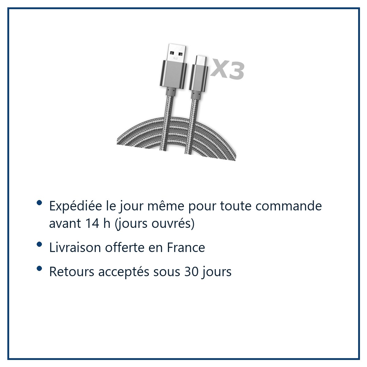 Expédition le jour même, livraison offerte, retours sous 30 jours – Cable Type-C Nylon Renforce Longeur 2M Couleur Argent X3