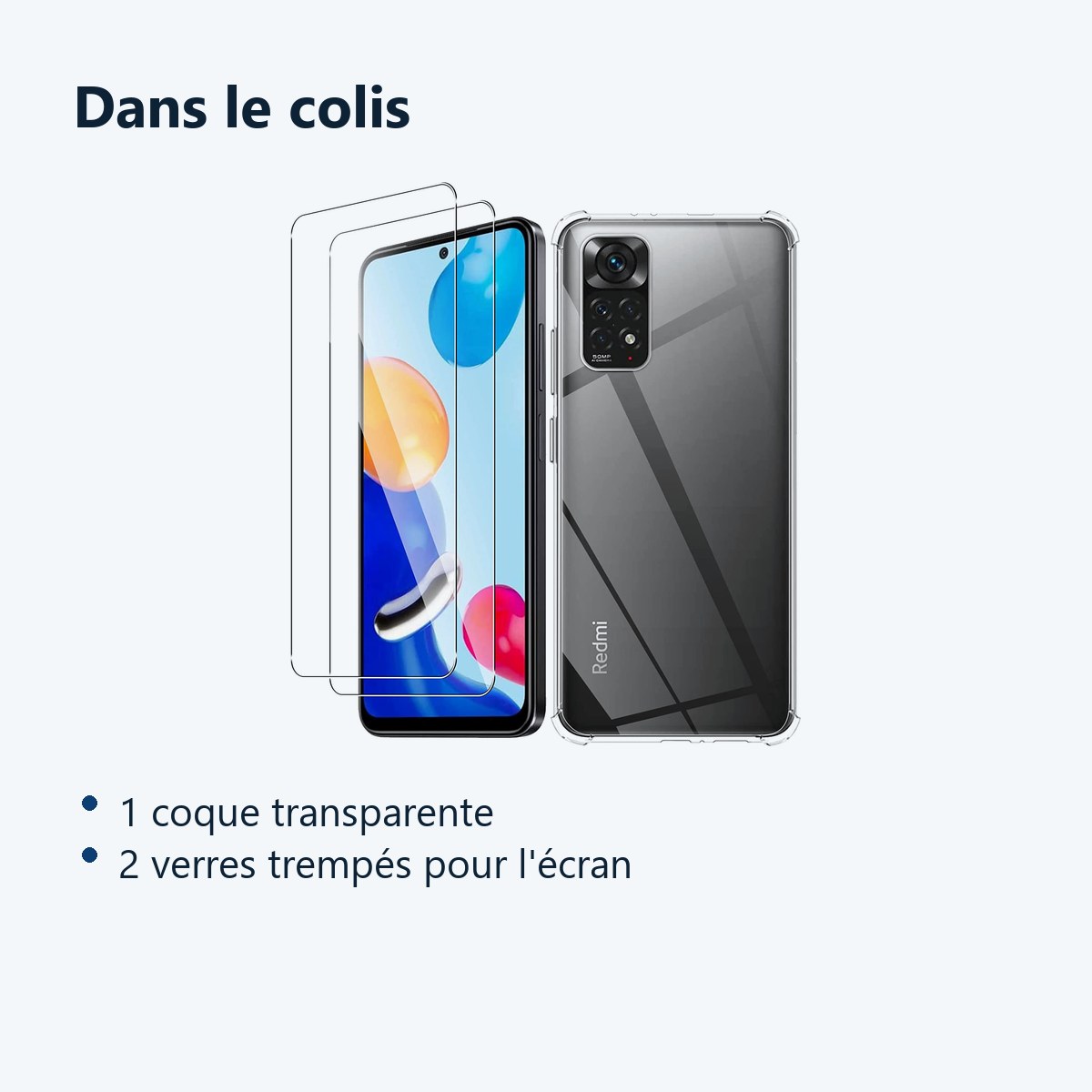 Contenu du colis – Coque Silicone Transparente Angles Renforces + 2 Verres Trempes Pour Xiaomi Redmi Note 11 / Note 11s