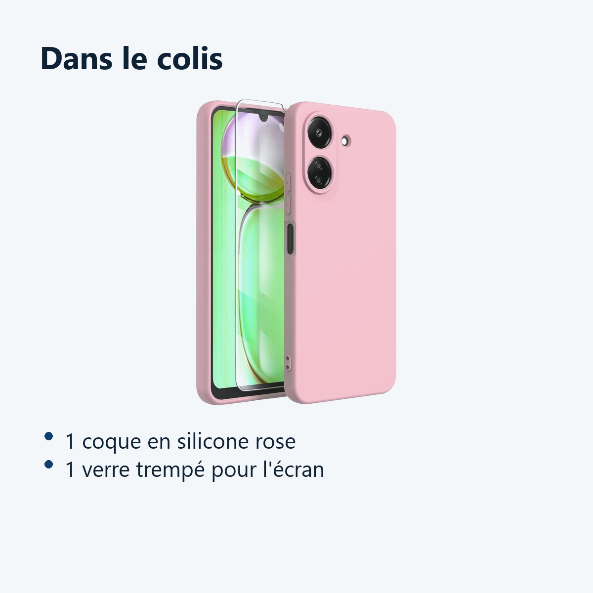 Contenu du colis – Coque Pour Xiaomi Redmi 13C / Poco C65 Silicone Rose + Verre Trempe