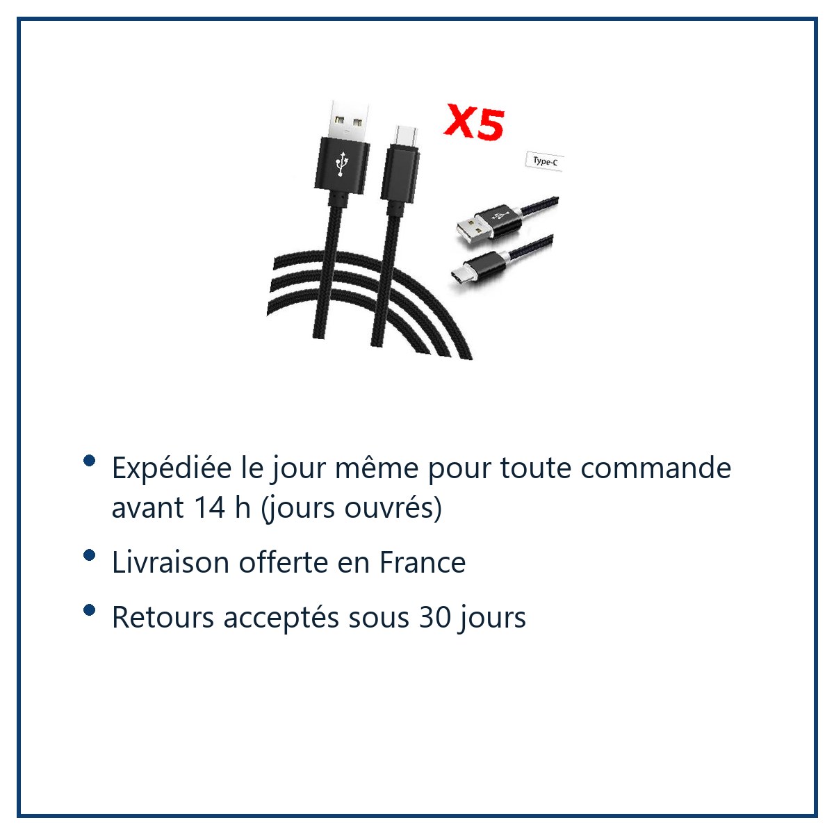 Expédition le jour même, livraison offerte, retours sous 30 jours – X5 Câble Metal Nylon Renforcé Chargeur USB/Type C Longueu