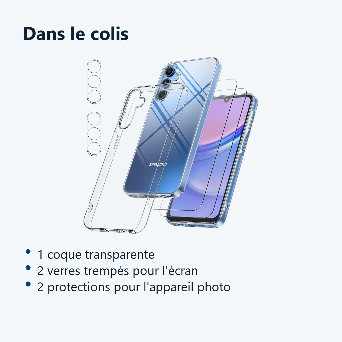 Contenu du colis – Coque Silicone Transparente + Verres Trempes et Protections Camera Arriere Transparent X2 Pour Samsung Gal
