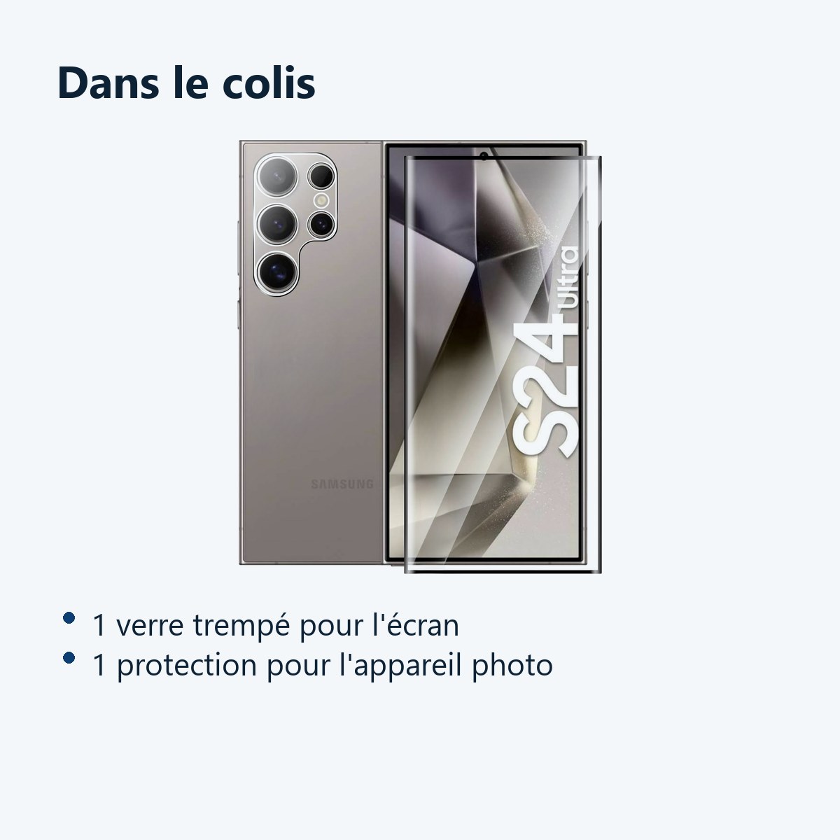 Contenu du colis – Verre Trempe et Protection Camera Arriere Transparent Pour Samsung Galaxy S24 Ultra