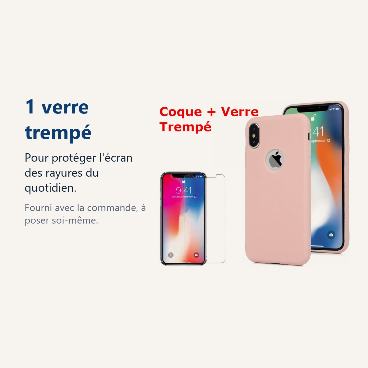 Verre trempé pour protéger lécran – Coque Souple Silicone Pour iPhone X (10) / Xs (10s) Rose + Verre Trempé Anti chocs et Ra