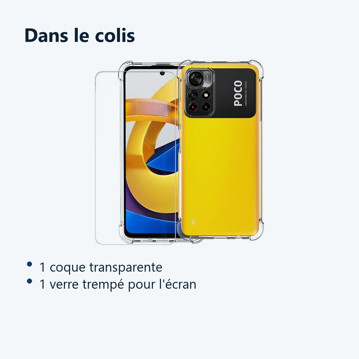 Contenu du colis – Coque Silicone Transparente Angles Renforces + Verre Trempe Pour Poco M4 Pro 5G