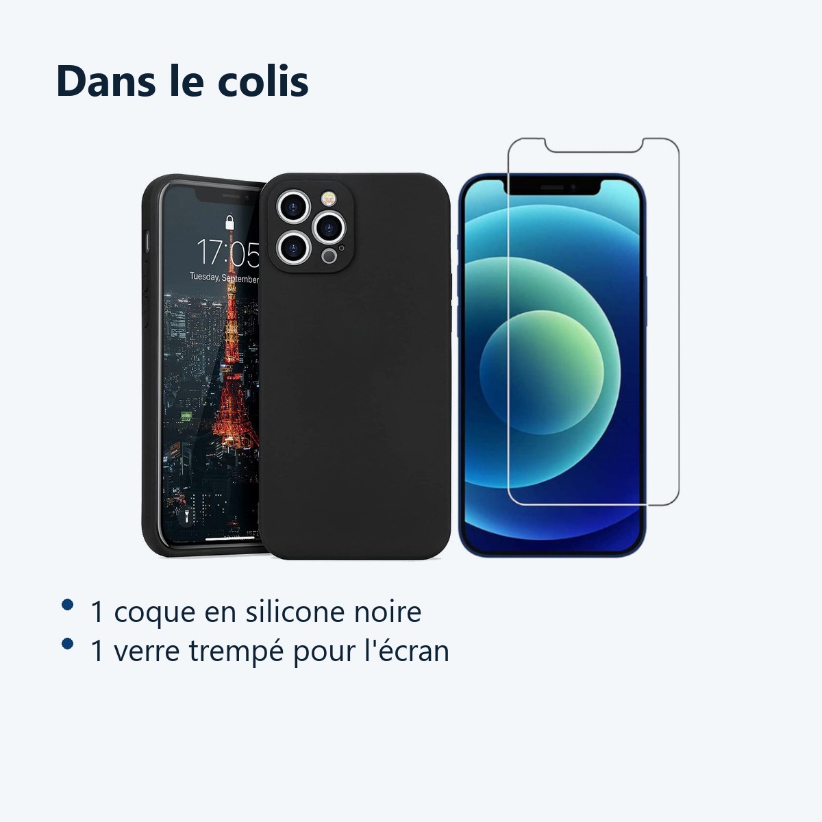 Contenu du colis – Coque Silicone Couleur Noire + Verre Trempe Pour iPhone 12 Pro Max