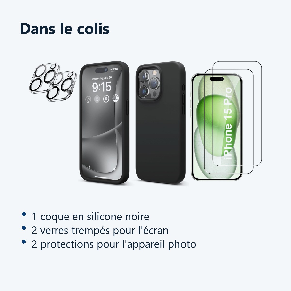 Contenu du colis – Coque Silicone Noir + Verres Trempes et Protections Camera Arriere X2 Pour iPhone 15 Pro