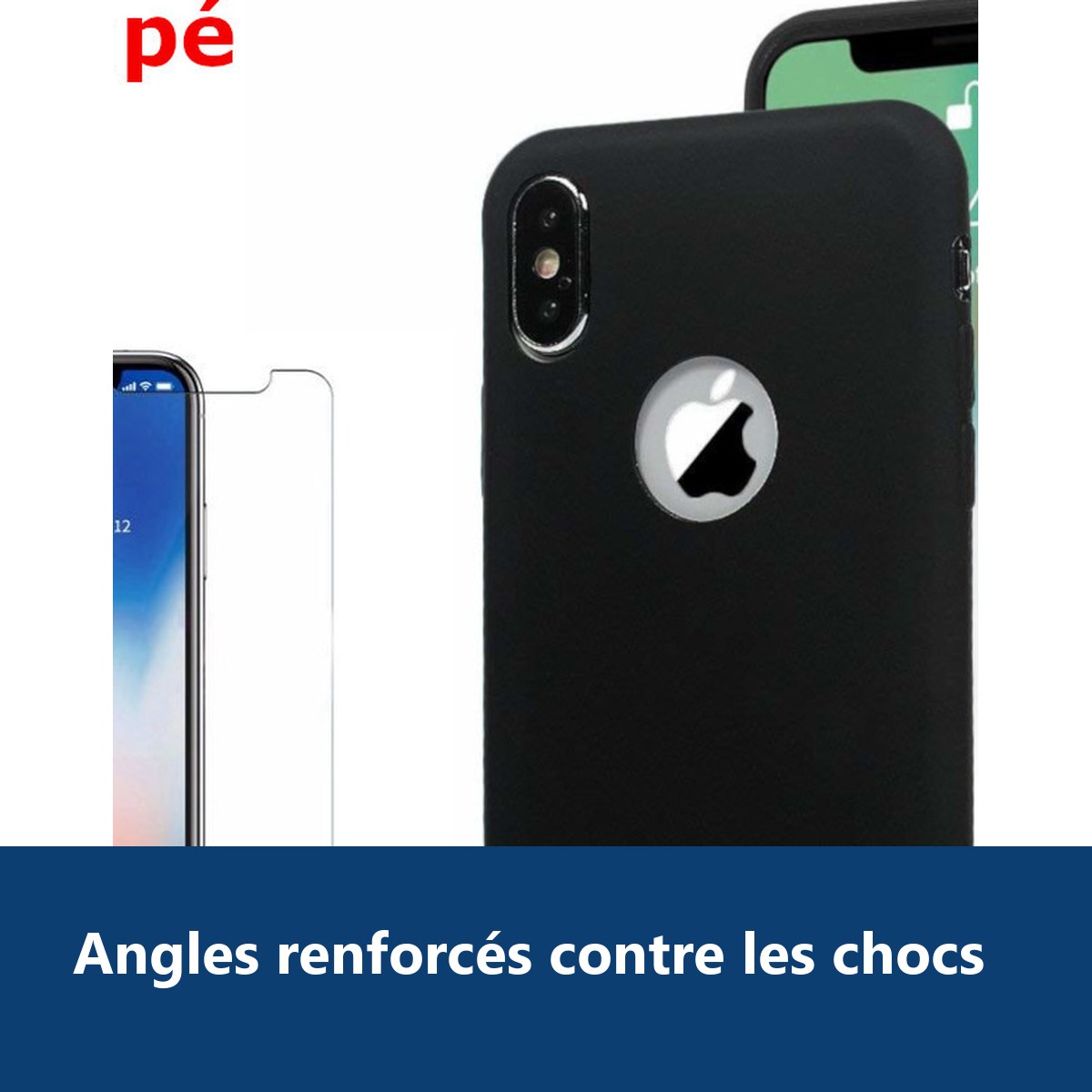 Vue de détail – Coque Silicone pour iPhone Xr Noir Antichoc + 2 Verres Trempes