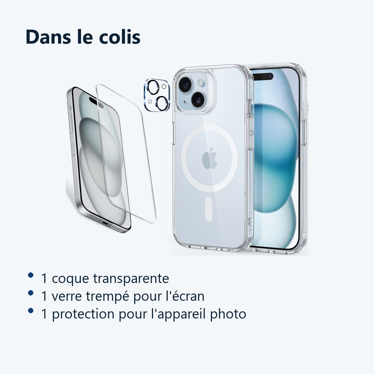 Contenu du colis – Coque Silicone Transparente Compatible Magsafe + Verre Trempes et Protection Camera Arriere Pour iPhone 15