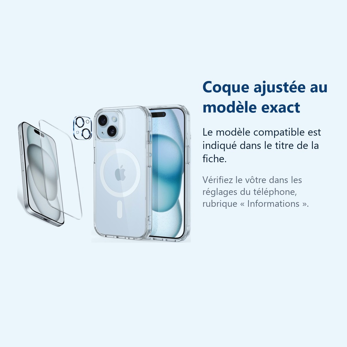 Accessoire ajusté au modèle exact – Coque Silicone Transparente Compatible Magsafe + Verre Trempes et Protection Camera Arrie