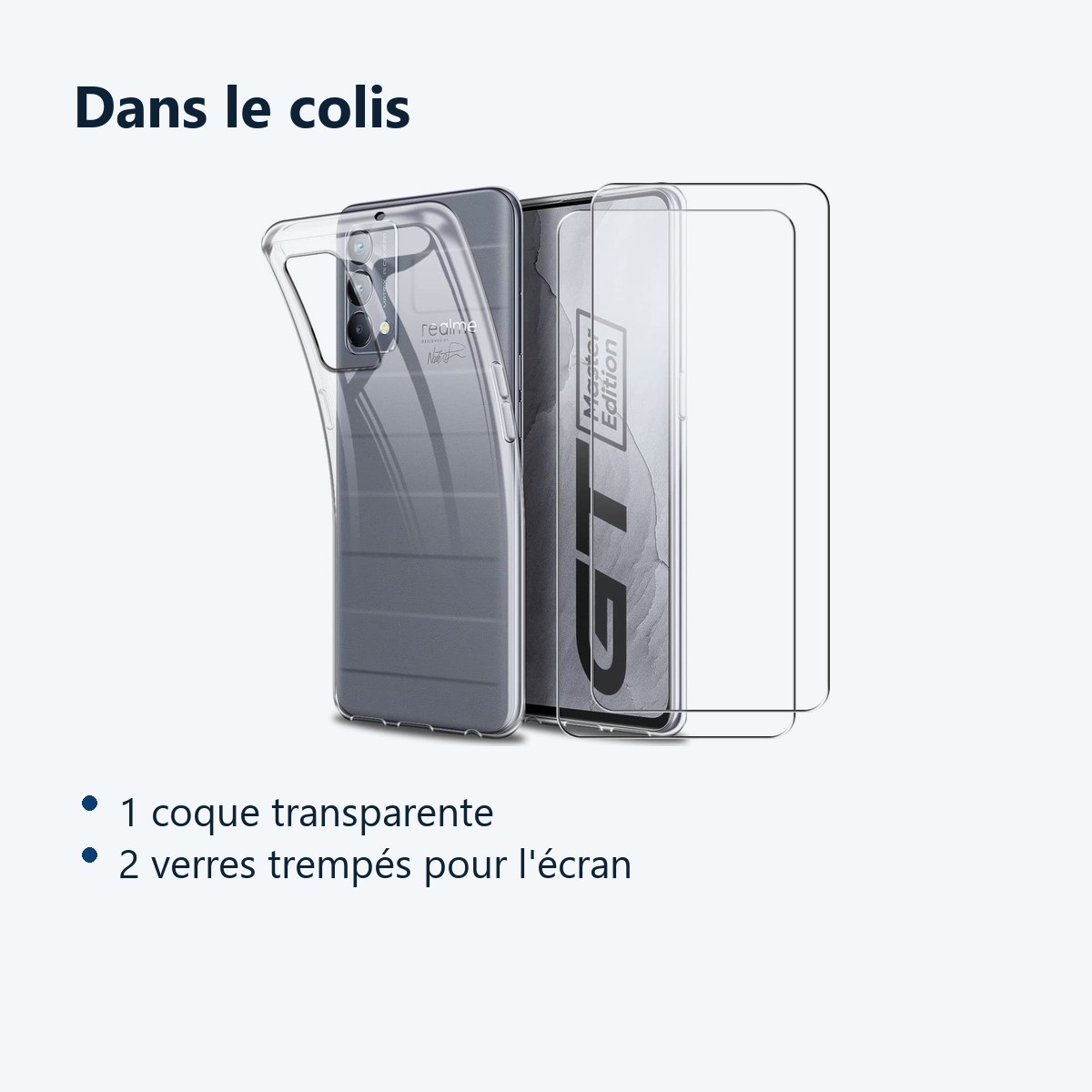 Contenu du colis – Coque Silicone Transparente + 2 Verres Trempes Pour Realme GT Master