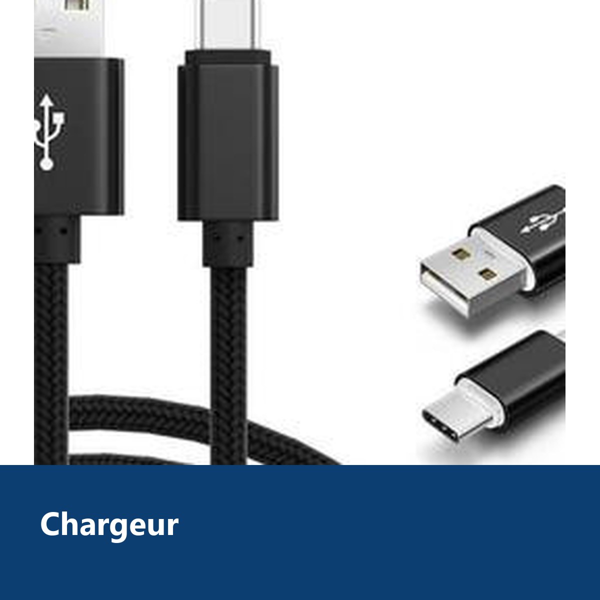 Vue de détail – Câble Metal Nylon Renforcé Chargeur USB/Type C Longueur 2m Couleur Noir Compatible Samsung LG Sony Wiko Black