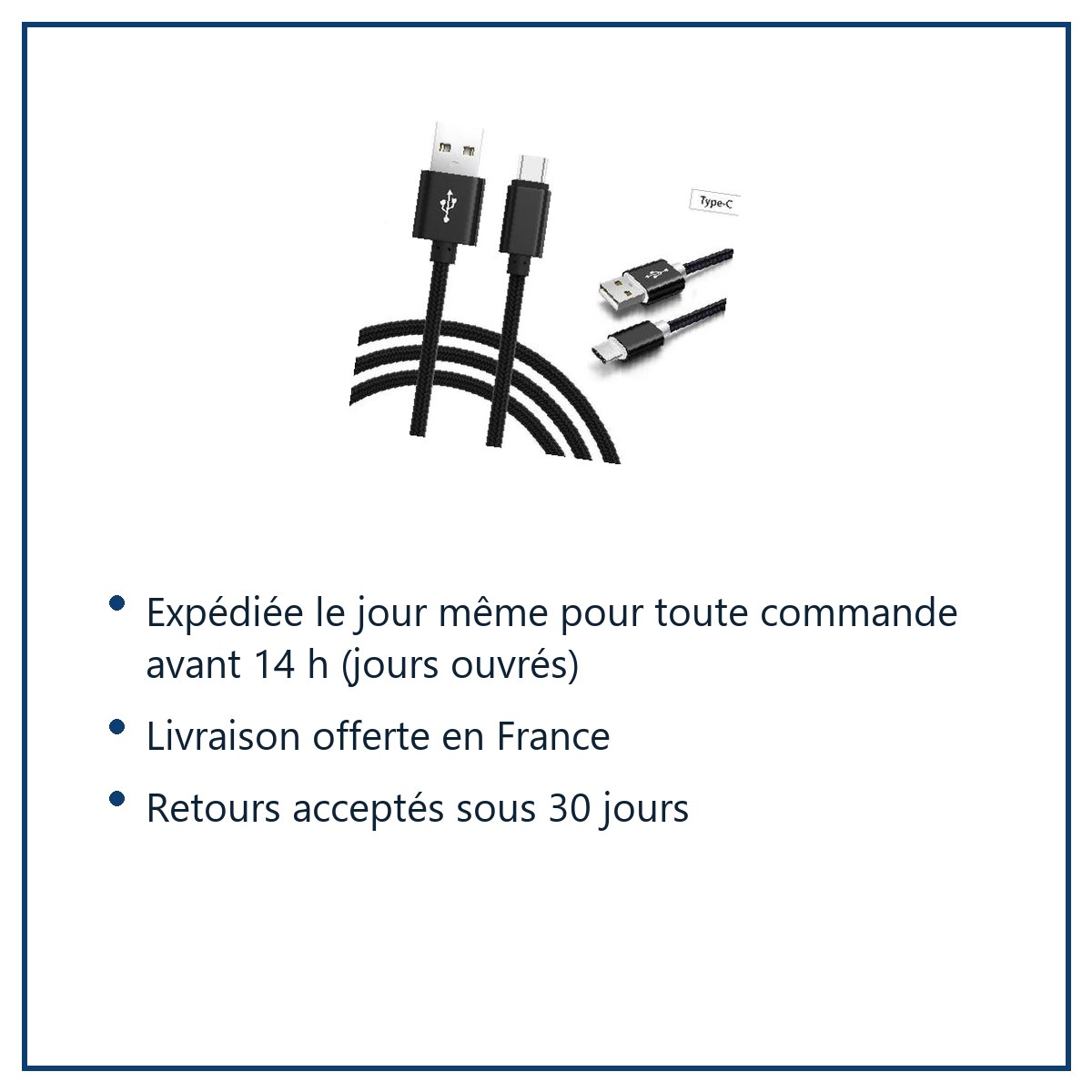 Expédition le jour même, livraison offerte, retours sous 30 jours – Câble Metal Nylon Renforcé Chargeur USB/Type C Longueur 2