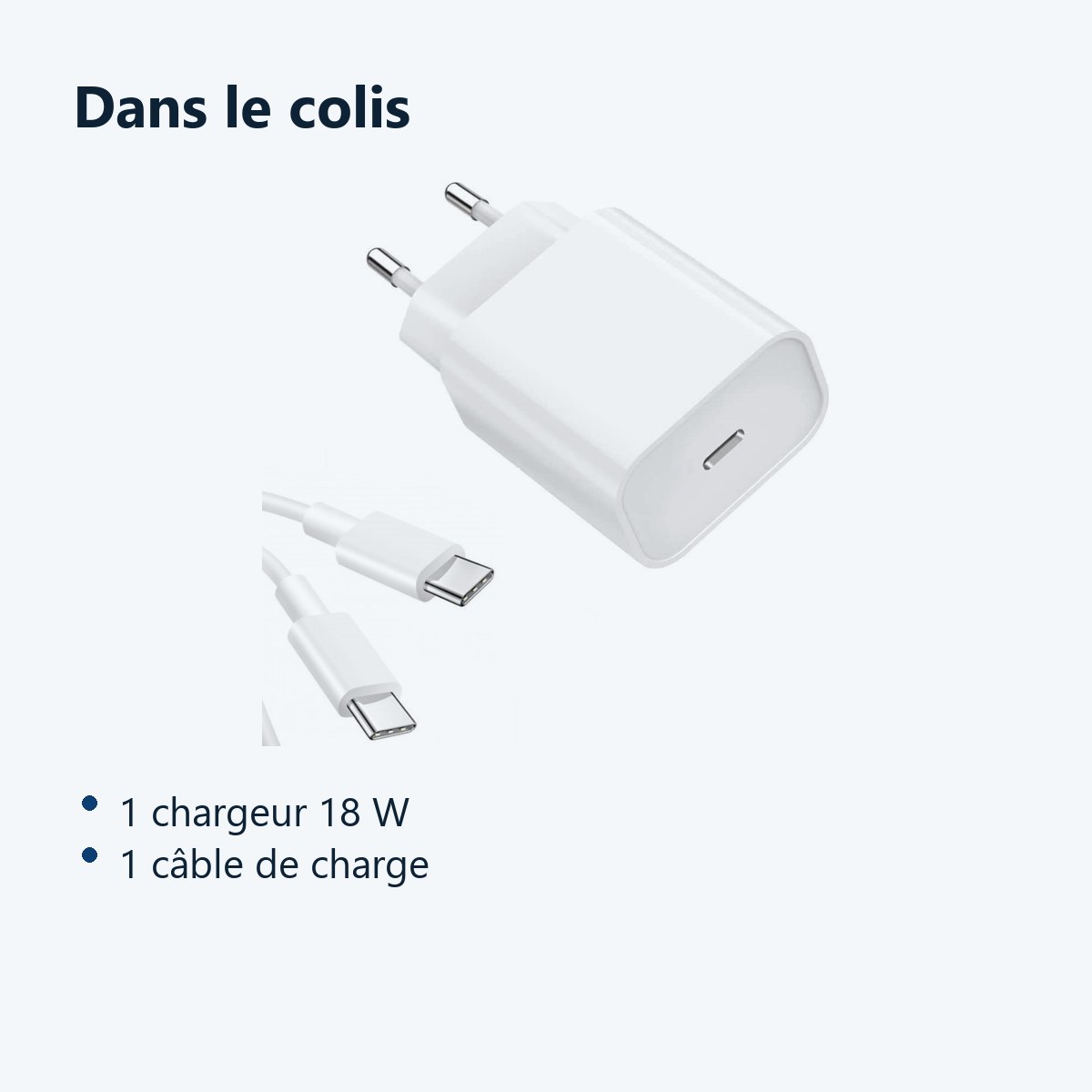Contenu du colis – Chargeur Rapide 18W USB-C + Cable Type-C pour Samsung S21 / S21 PLUS / S21 ULTRA / S22 / S22 PLUS / S22 UL