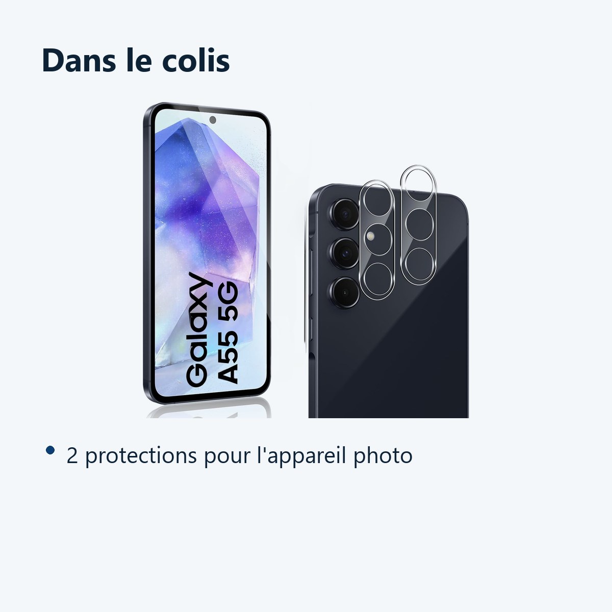 Contenu du colis – Verres Protection Camera Arriere Transparent X2 Pour Samsung Galaxy A55