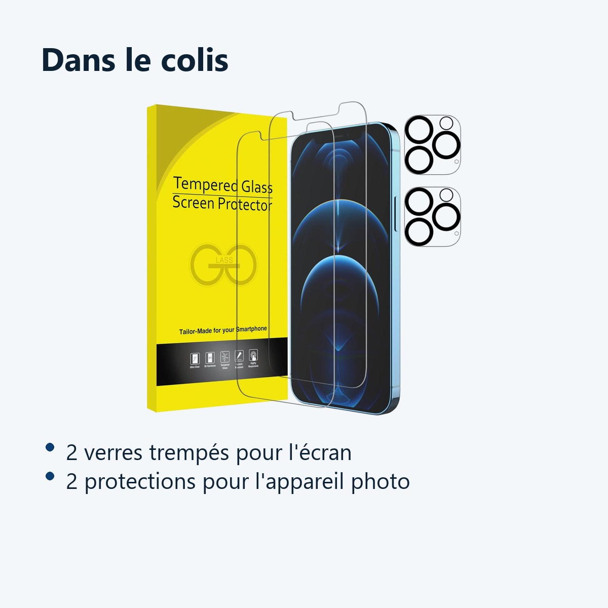 Contenu du colis – Verres Trempes et Protections Camera Arriere X2 Pour iPhone 12 Pro