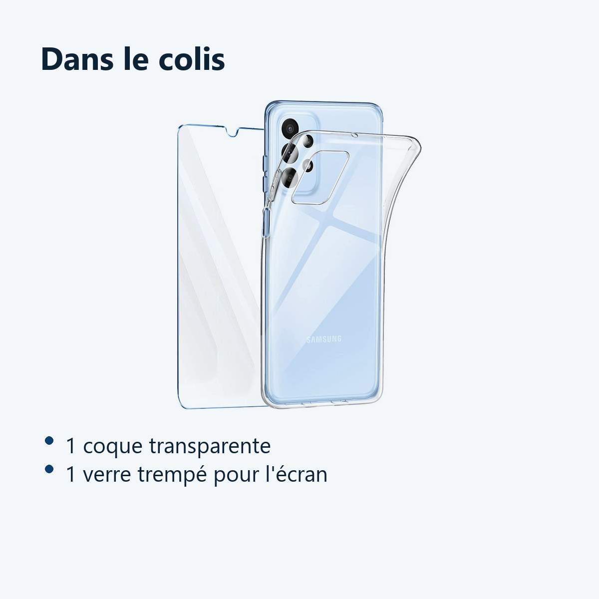 Contenu du colis – Coque Silicone Transparente + Verre Trempe Pour Samsung A23 5G