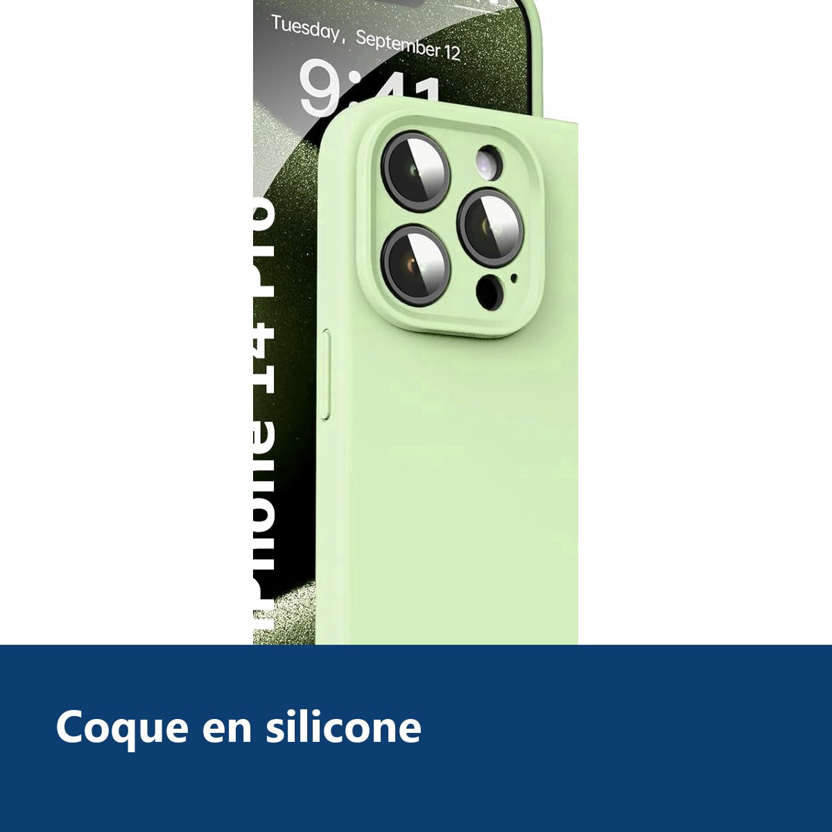 Vue de détail – Coque Silicone Verte Pour iPhone 14 Pro