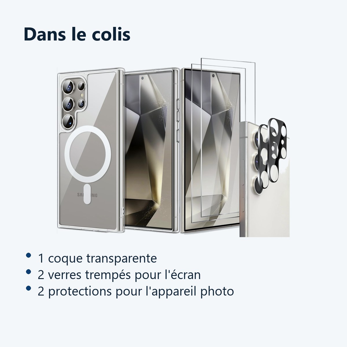 Contenu du colis – Coque Silicone Transparente Compatible Magsafe + Verres Trempes et Protections Camera Arriere X2 Pour Sams