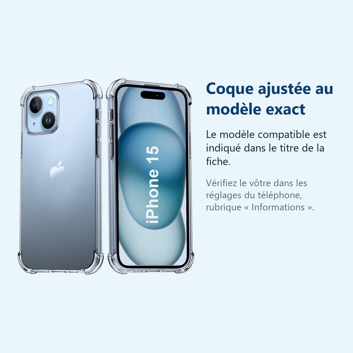 Accessoire ajusté au modèle exact – Coque Silicone Transparente Angles Renforces Pour iPhone 15