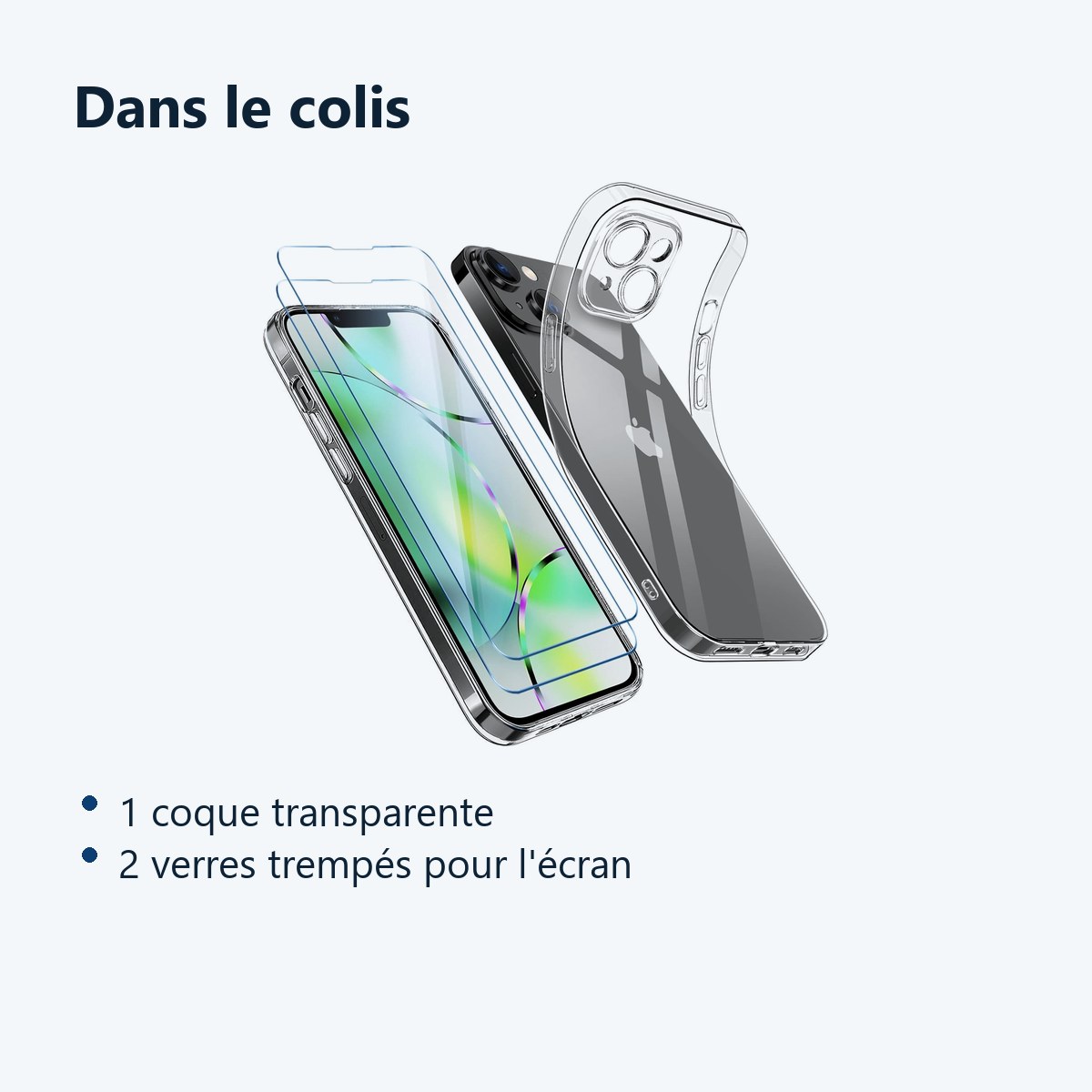 Contenu du colis – Coque Transparente pour iPhone 14 (6,1 pouces) et 2 Verres Trempé Film Protection Ecran