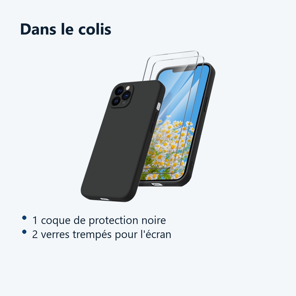 Contenu du colis – Coque Noir pour iPhone 12 Pro Max (6,7 pouces) et 2 Verres Trempé Film Protection Ecran