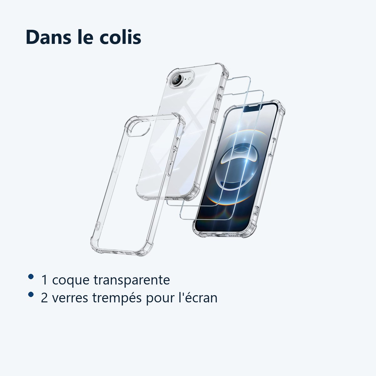 Contenu du colis – Coque Pour iPhone 16e Silicone Transparente Angles Renforces + 2 Verres Trempes
