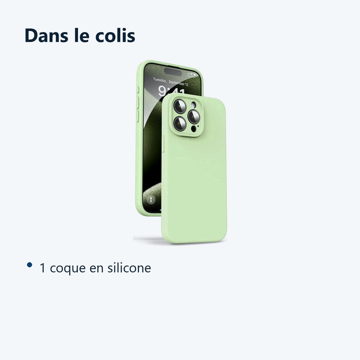Contenu du colis – Coque Silicone Verte Pour iPhone 15 Pro Max