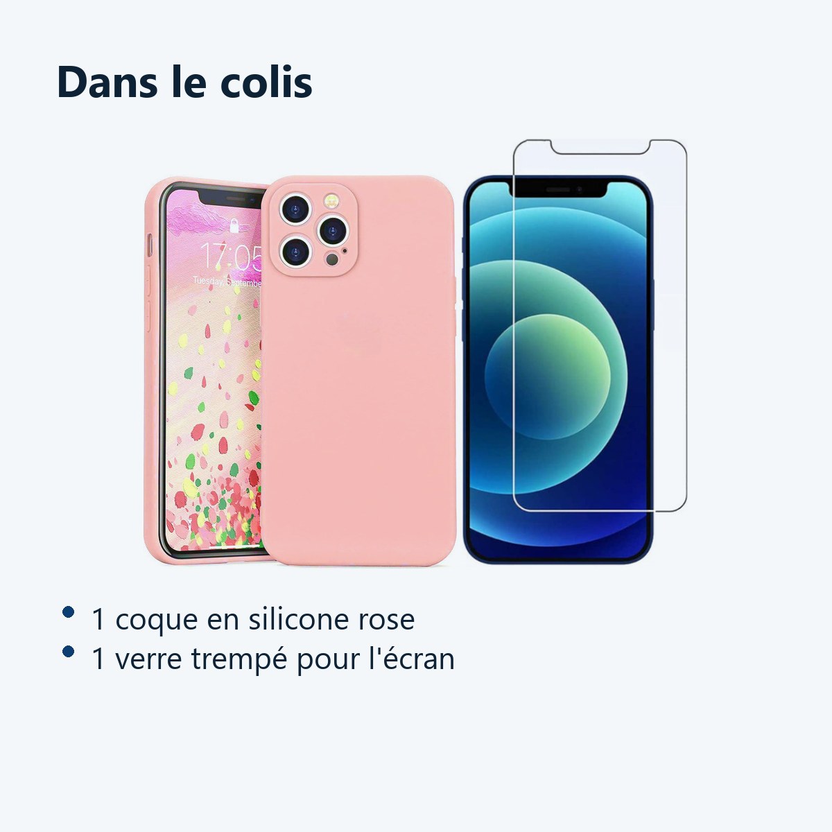 Contenu du colis – Coque Silicone Couleur Rose + Verre Trempe Pour iPhone 12 Pro Max