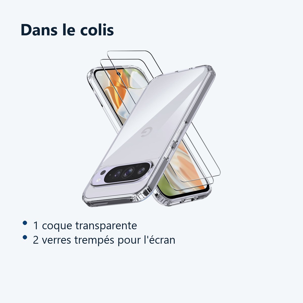 Contenu du colis – Coque Silicone Transparente + 2 Verres Trempes Pour Google Pixel 9 Pro