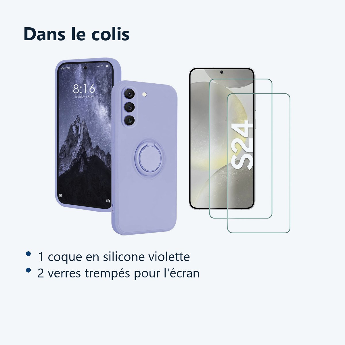 Contenu du colis – Coque Silicone Pour Samsung Galaxy S24 Couleur Violet Avec Anneau Support + 2 Verres Trempe Protection Ecr