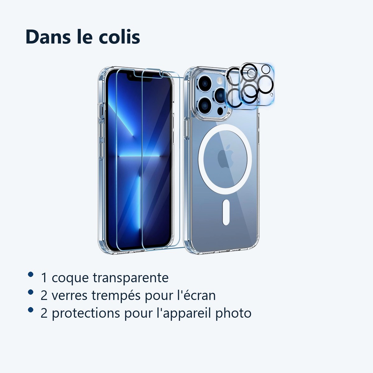 Contenu du colis – Coque Silicone Transparente Compatible Magsafe + Verres Trempes et Protections Camera Arriere X2 Pour iPho