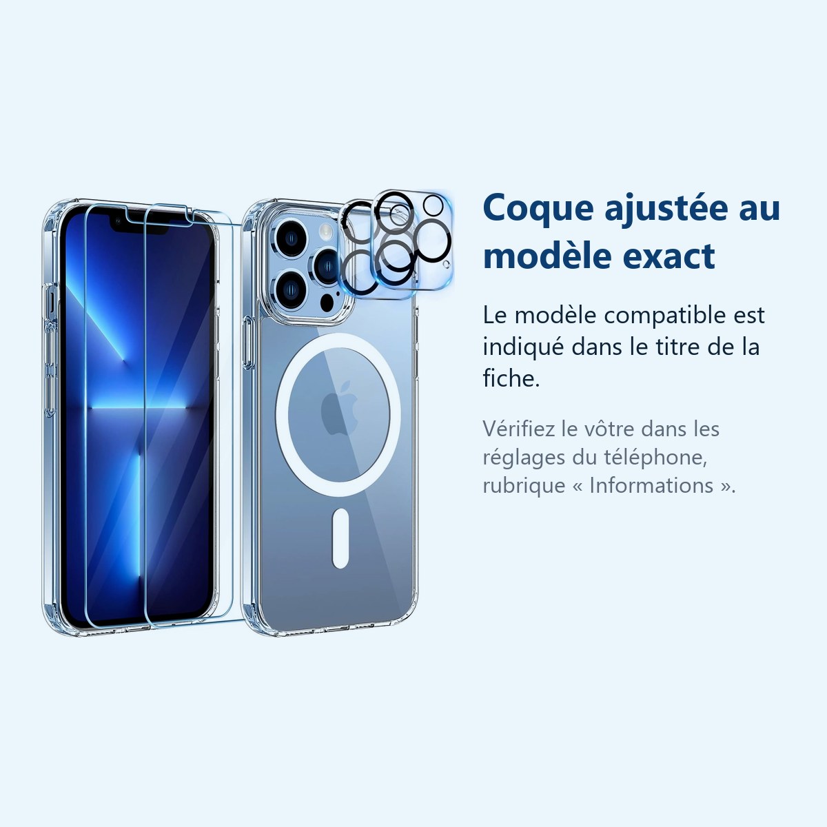 Accessoire ajusté au modèle exact – Coque Silicone Transparente Compatible Magsafe + Verres Trempes et Protections Camera Arr