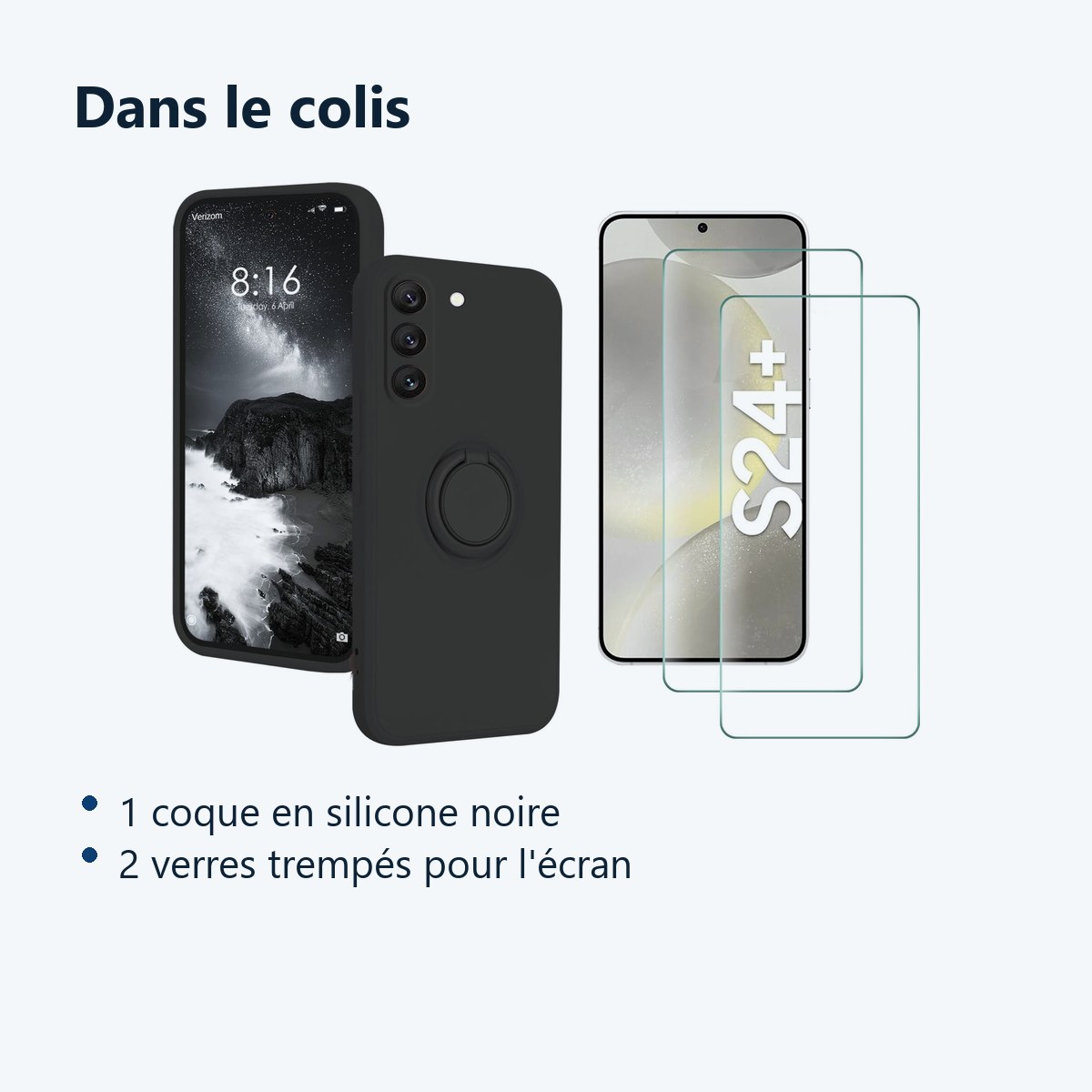 Contenu du colis – Coque Silicone Pour Samsung Galaxy S24 Plus Couleur Noir Avec Anneau Support + 2 Verres Trempe Protection