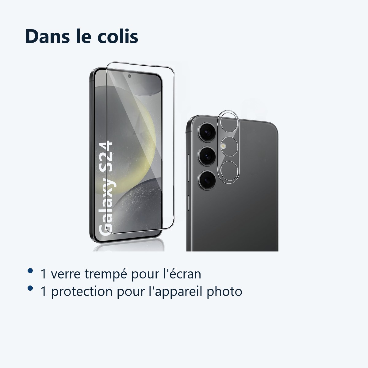 Contenu du colis – Verre Trempe et Protection Camera Arriere Transparent Pour Samsung Galaxy S24