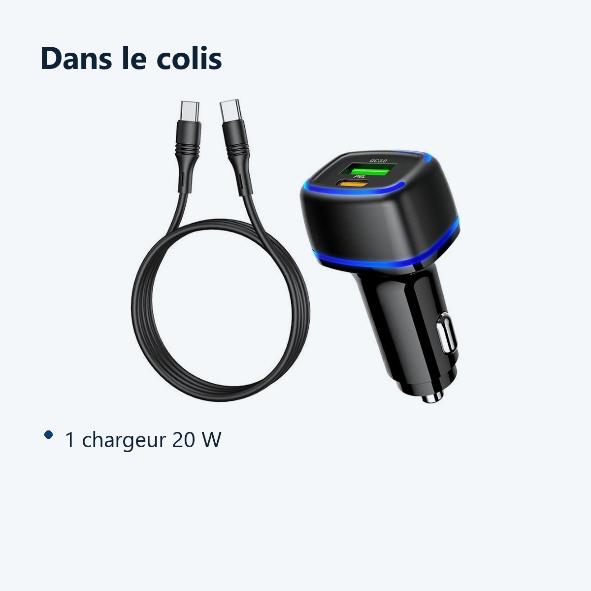 Contenu du colis – Chargeur voiture USB + Type C - NOIR QC 3.0 PD 20W 3A pour Samsung A53 / A54 / S21 / S22 / S23 / Plus / Ul