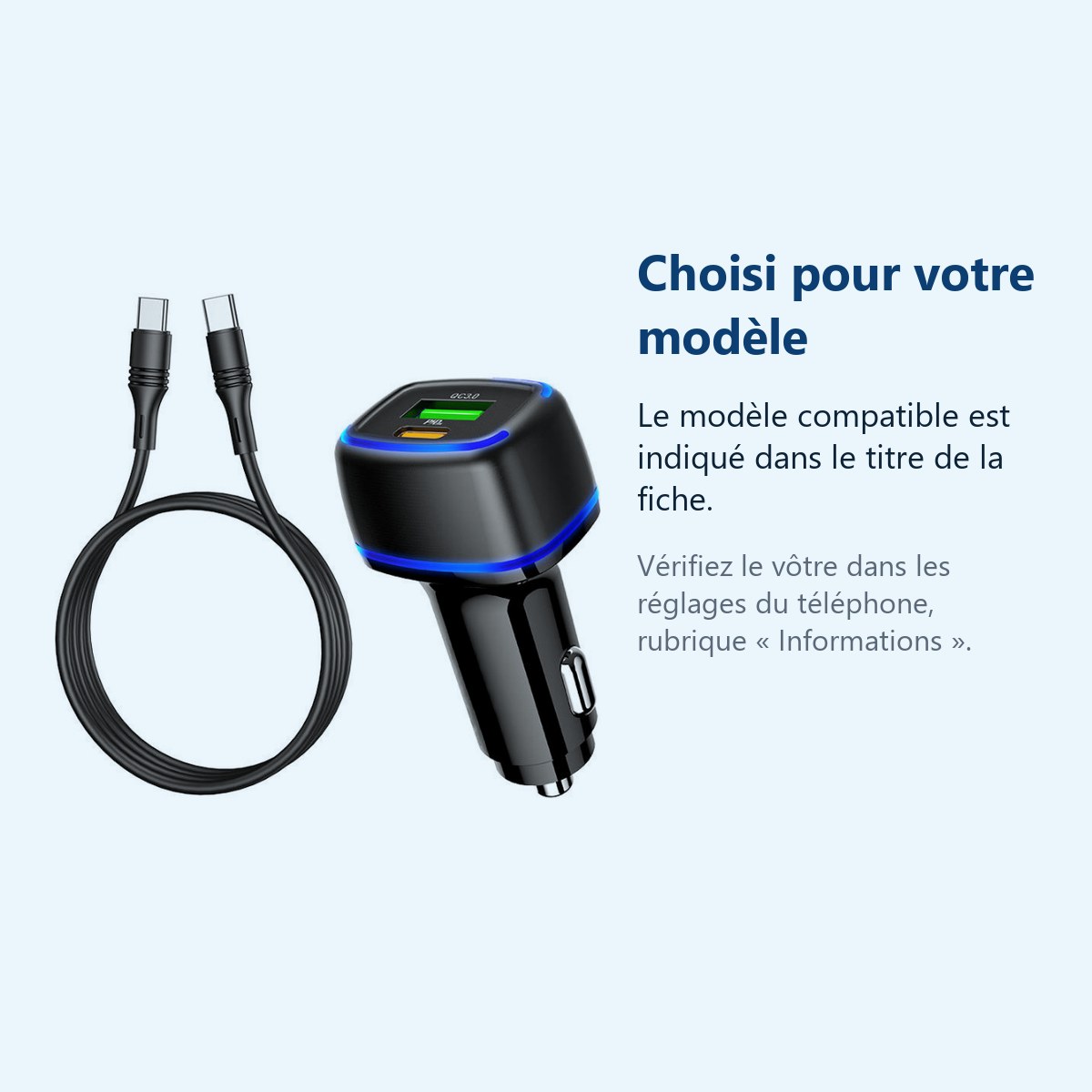 Accessoire ajusté au modèle exact – Chargeur voiture USB + Type C - NOIR QC 3.0 PD 20W 3A pour Samsung A53 / A54 / S21 / S22